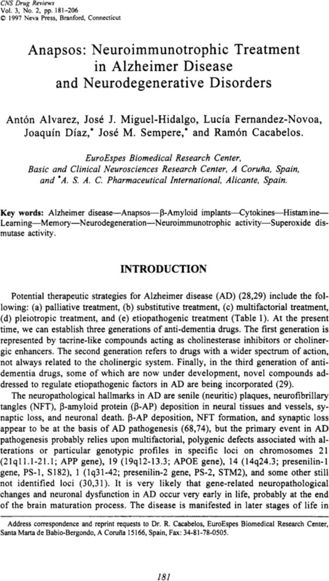 Anapsos: Neuroimmunotrophic Treatment in Alzheimer Disease and Neurodegenerative Disorders