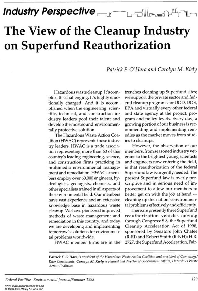 Industry perspective. The view of the cleanup industry on superfund reauthorization