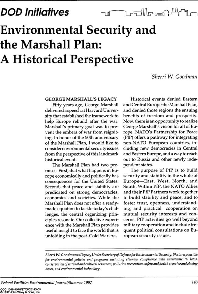 DOD initiatives: Environmental security and the marshall plan: A historical perspective