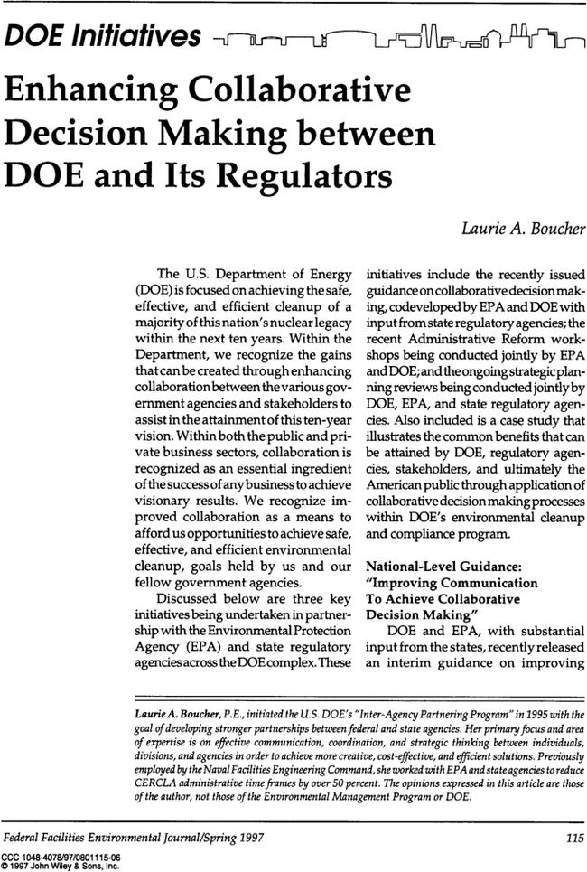 DOE Initiatives: Enhancing collaborative decision making between DOE and its regulators