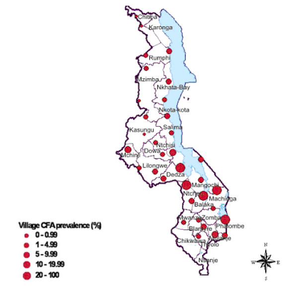 The geographical distribution of lymphatic filariasis infection in Malawi.