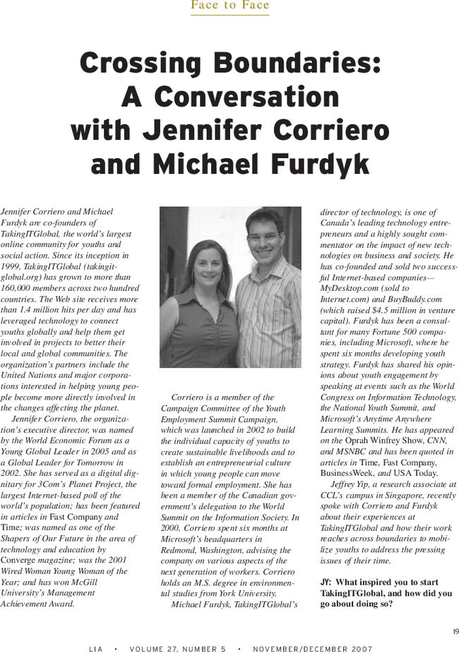 Face to face—Crossing boundaries: A conversation with Jennifer Corriero and Michael Furdyk