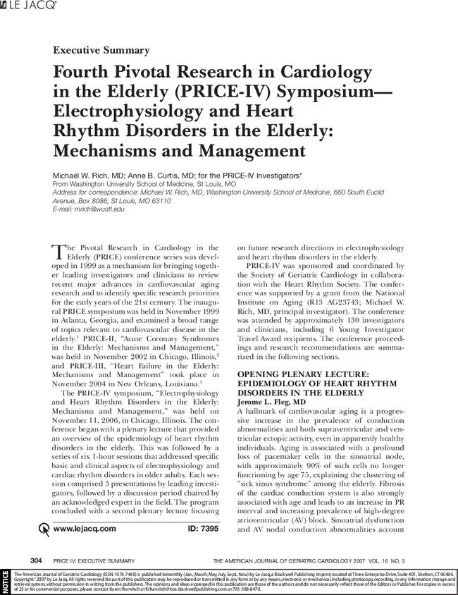 Fourth Pivotal Research in Cardiology in the Elderly (PRICE-IV) Symposium—Electrophysiology and Heart Rhythm Disorders in the Elderly: Mechanisms and Management