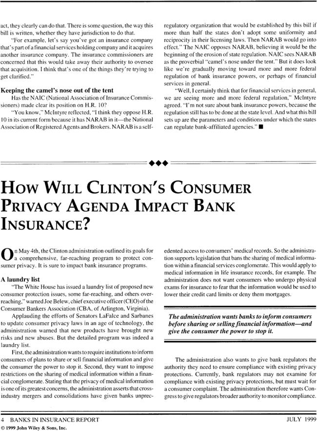 How will Clinton's consumer privacy agenda impact bank insurance?