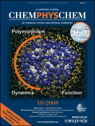 Cover Picture: Towards a Quantitative Understanding of Protein Hydration and Volumetric Properties / Intrinsic Volumetric Properties of Trialanine Isomers in Aqueous Solution / Temperature and Concentration Effects on the Solvophobic Solvation of Methane in Aqueous Salt Solutions / Salt Effects on the Structure of Water Probed by Attenuated Total Reflection Infrared Spectroscopy and Molecular Dynamics Simulations / Thermodynamic and Structural Characterization of the Transformation from a Metastable Low-Density to a Very High-Density Form of Supercooled TIP4P-Ew Model Water / The Solvent-Dependent Shift of the Amide I Band of a Fully Solvated Peptide as a Local Probe for the Solvent Composition in the Peptide/Solvent Interface / Multiple Phases of Liquid Water / Which Properties of a Spanning Network of Hydration Water Enable Biological Functions? / Effect of Osmolytes on Pressure-Induced Unfolding of Proteins: A High-Pressure SAXS Study / Spectral Signatures of the Pentagonal Water Cluster in Bacteriorhodopsin / Potential Proton-Release Channels in Bacteriorhodopsin / Conformational Dynamics of Minimal Elastin-Like Polypeptides: The Role of Proline Revealed by Molecular Dynamics and Nuclear Magnetic Resonance / Small-Angle X-Ray Scattering and Near-Infrared Vibrational Spectroscopy of Water Confined in Aerosol-OT Reverse Micelles / Hydration Dynamics of Water near an Amphiphilic Model Peptide at Low Hydration Levels: A Dielectric Relaxation Study (ChemPhysChem 18/2008)