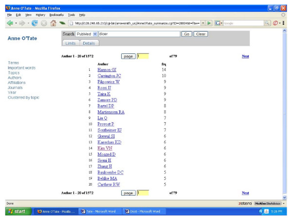 Anne O'Tate: A tool to support user-driven summarization, drill-down and browsing of PubMed search results.