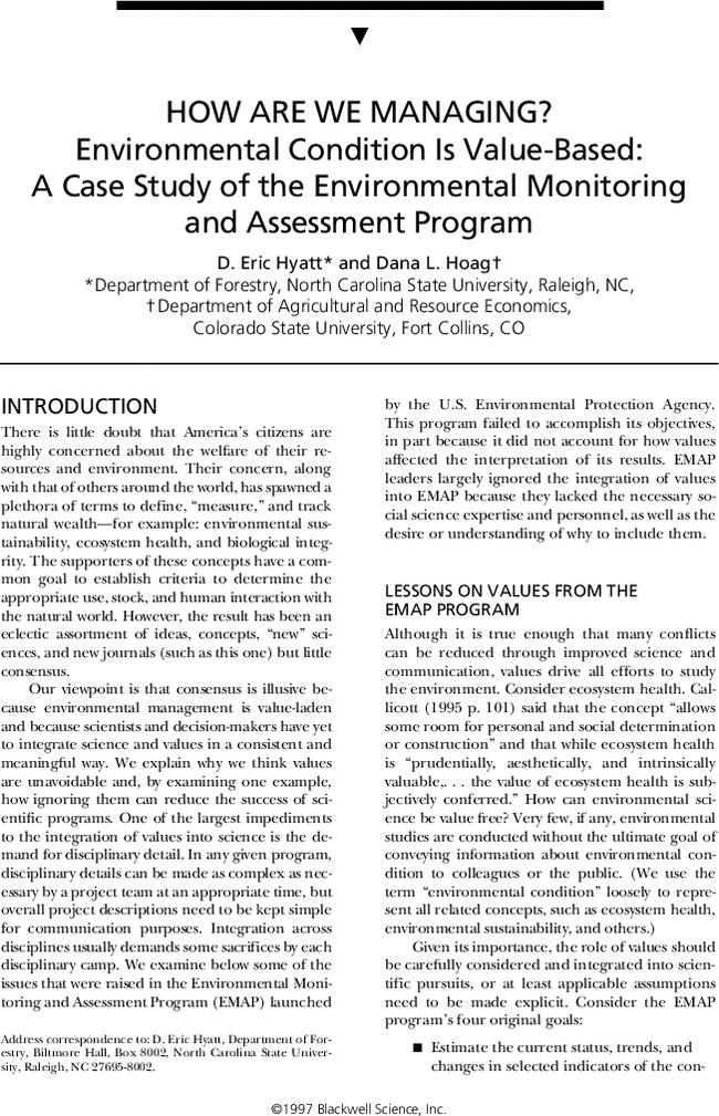 HOW ARE WE MANAGING? Environmental Condition Is Value-Based: A Case Study of the Environmental Monitoring and Assessment Program