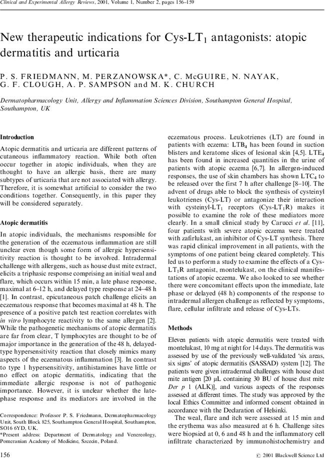 New therapeutic indications for Cys-LT1 antagonists: atopic dermatitis and urticaria