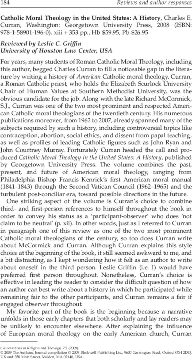 Catholic Moral Theology in the United States: A History – By Charles E. Curran