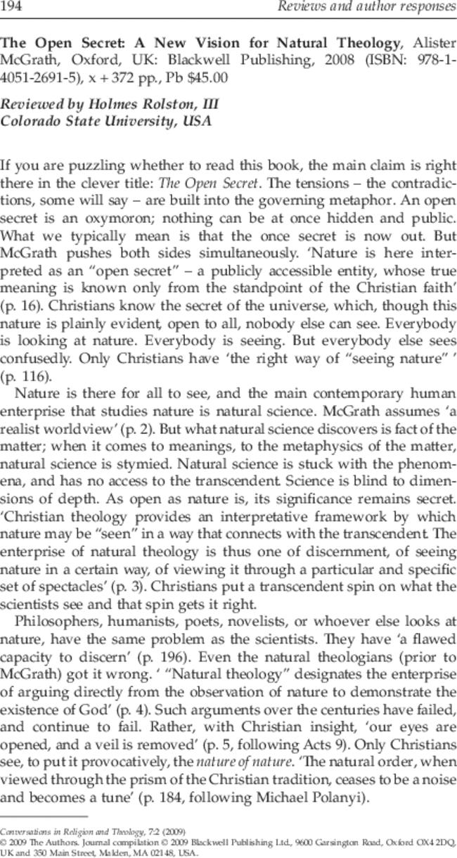 The Open Secret: A New Vision for Natural Theology – By Alister McGrath