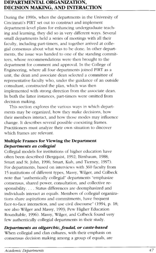 Departmental organization, decision making, and interaction