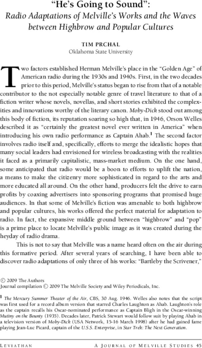 “He's Going to Sound”: Radio Adaptations of Melville's Works and the Waves between Highbrow and Popular Cultures