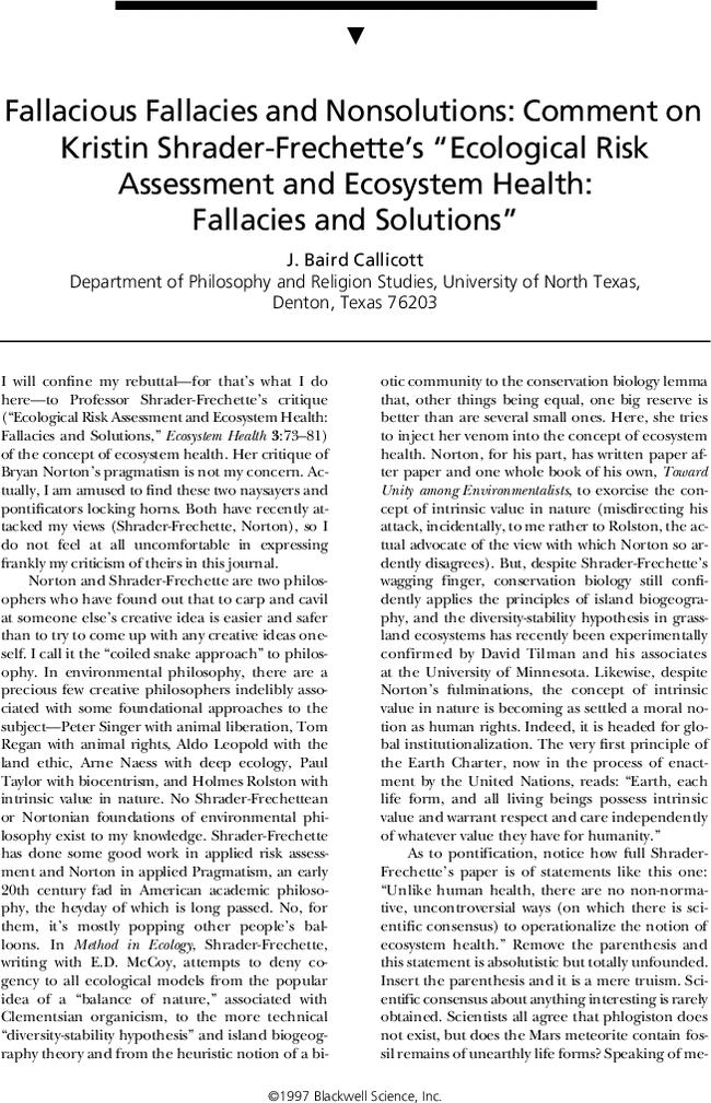 Fallacious Fallacies and Nonsolutions: Comment on Kristin Shrader-Frechette’s “Ecological Risk Assessment and Ecosystem Health: Fallacies and Solutions”