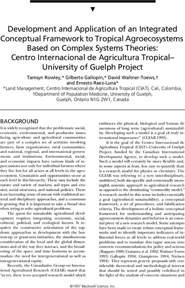 Development and Application of an Integrated Conceptual Framework to Tropical Agroecosystems Based on Complex Systems Theories: Centro Internacional de Agricultura Tropical–University of Guelph Project