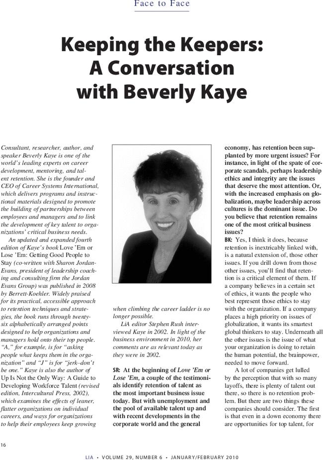 Face to face—Keeping the keepers: A conversation with Beverly Kaye