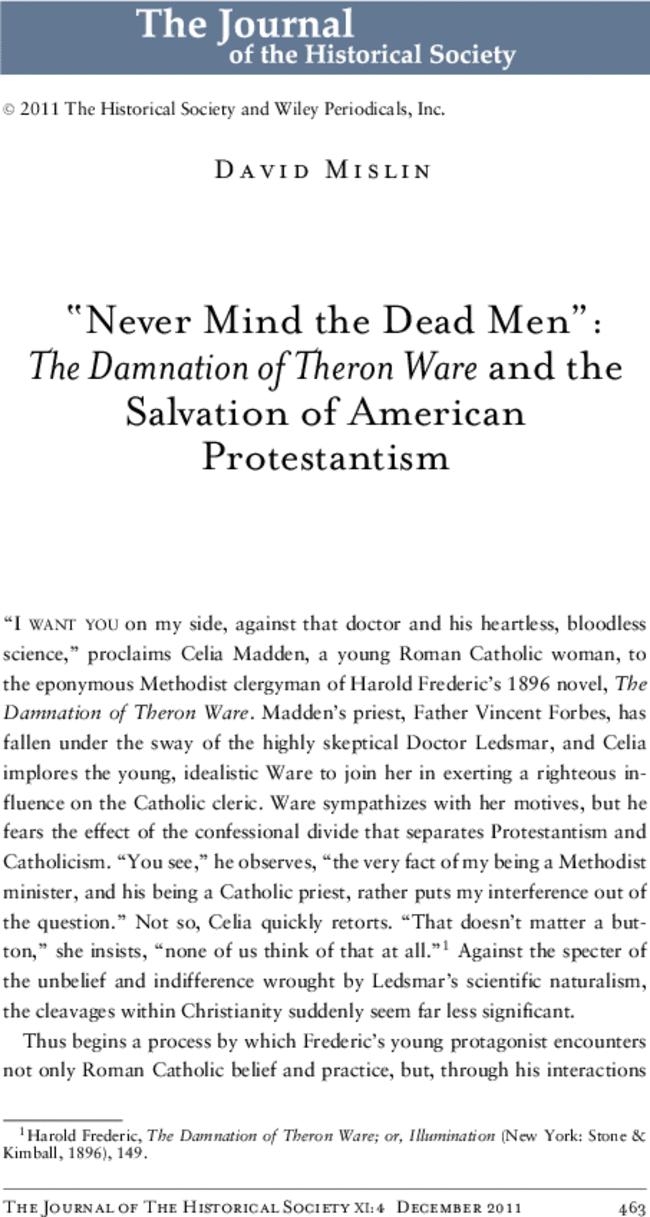 “Never Mind the Dead Men”: The Damnation of Theron Ware and the Salvation of American Protestantism