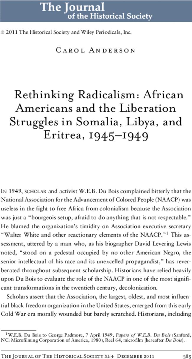 Rethinking Radicalism: African Americans and the Liberation Struggles in Somalia, Libya, and Eritrea, 1945–1949