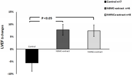 Injection of human bone marrow and mononuclear cell extract into infarcted mouse hearts results in functional improvement.