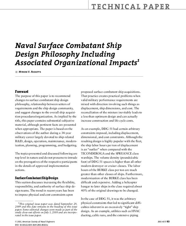 Naval Surface Combatant Ship Design Philosophy Including Associated Organizational Impacts†