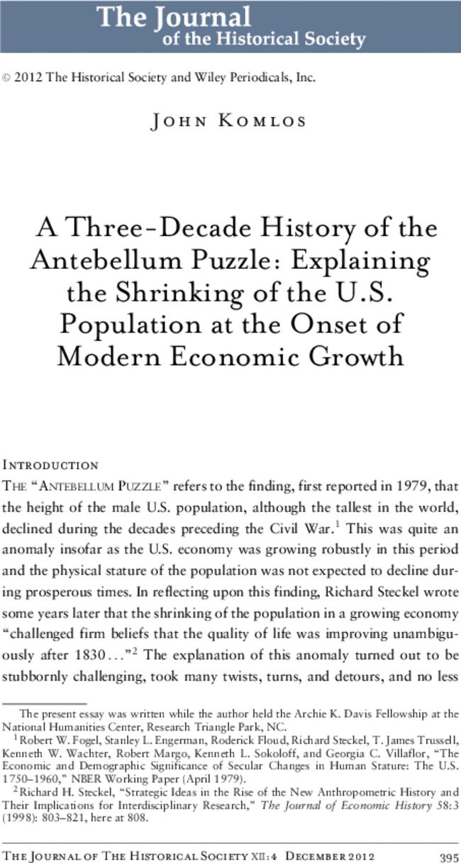 A Three-Decade History of the Antebellum Puzzle: Explaining the Shrinking of the U.S. Population at the Onset of Modern Economic Growth