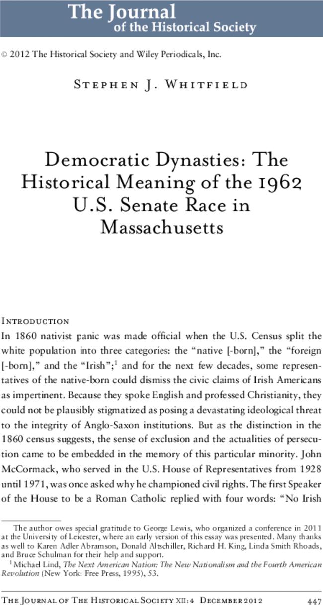 Democratic Dynasties: The Historical Meaning of the 1962 U.S. Senate Race in Massachusetts