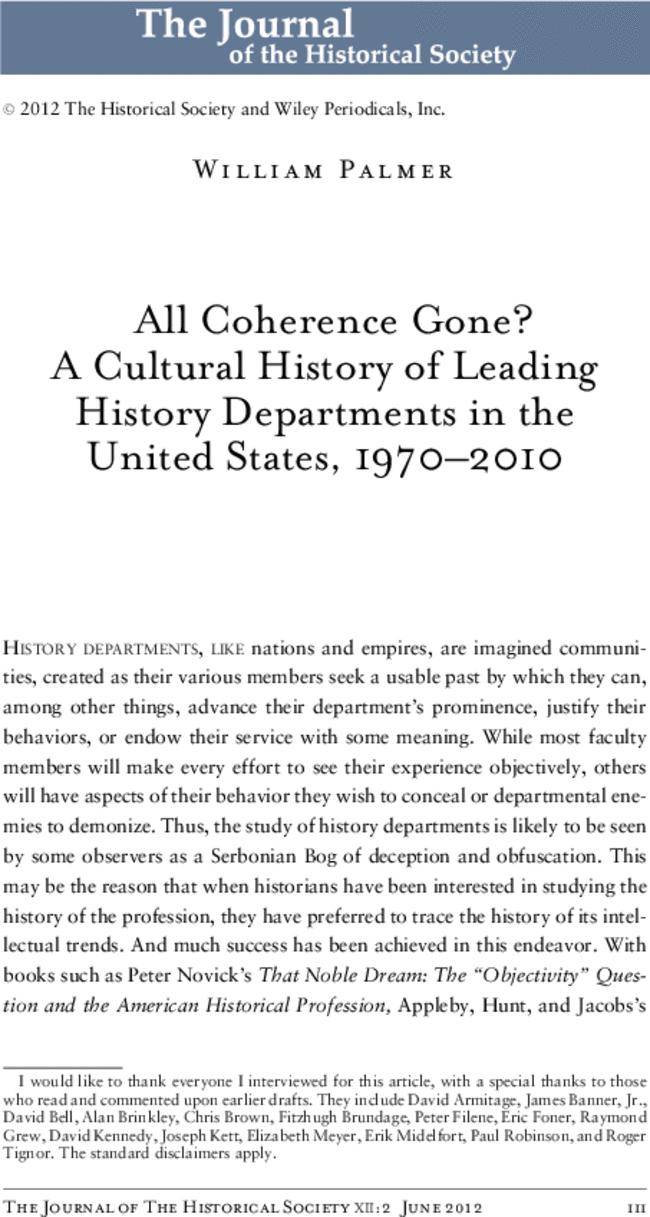 All Coherence Gone? A Cultural History of Leading History Departments in the United States, 1970–2010