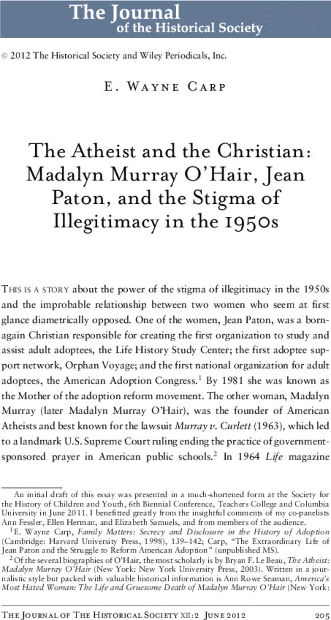 The Atheist and the Christian: Madalyn Murray O’Hair, Jean Paton, and the Stigma of Illegitimacy in the 1950s