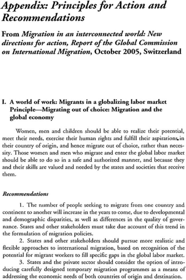 Appendix: Principles for Action and Recommendations: From Migration in an interconnected world: New directions for action, Report of the Global Commission on International Migration, October 2005, Switzerland