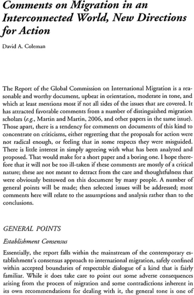 Comments on Migration in an Interconnected World, New Directions for Action