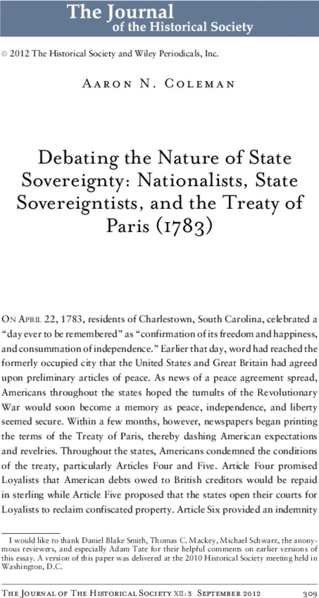 Debating the Nature of State Sovereignty: Nationalists, State Sovereigntists, and the Treaty of Paris (1783)