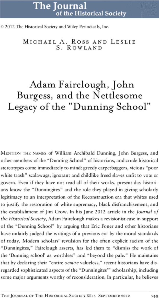 Adam Fairclough, John Burgess, and the Nettlesome Legacy of the “Dunning School”