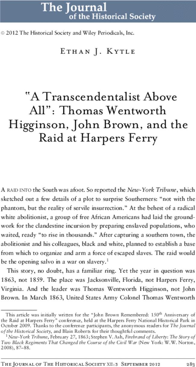 “A Transcendentalist Above All”: Thomas Wentworth Higginson, John Brown, and the Raid at Harpers Ferry