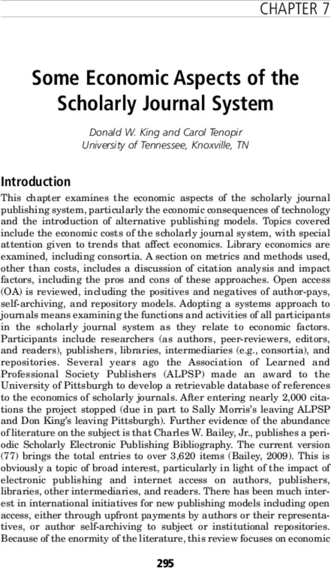 Some economic aspects of the scholarly journal system
