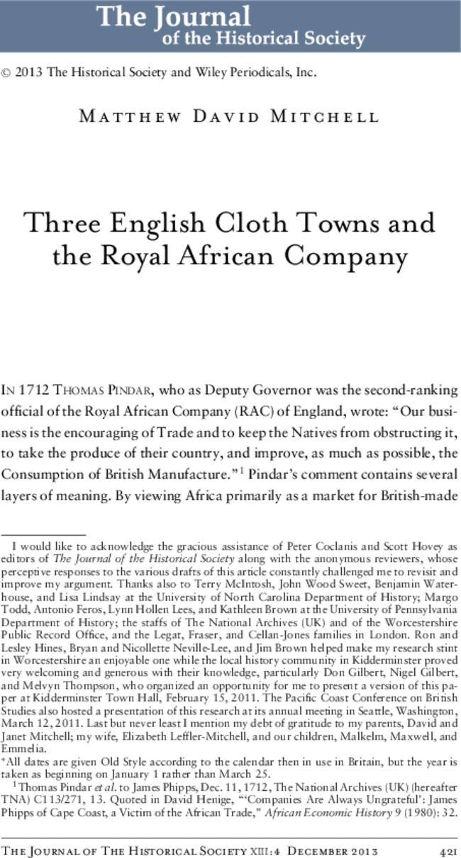 Three English Cloth Towns and the Royal African Company