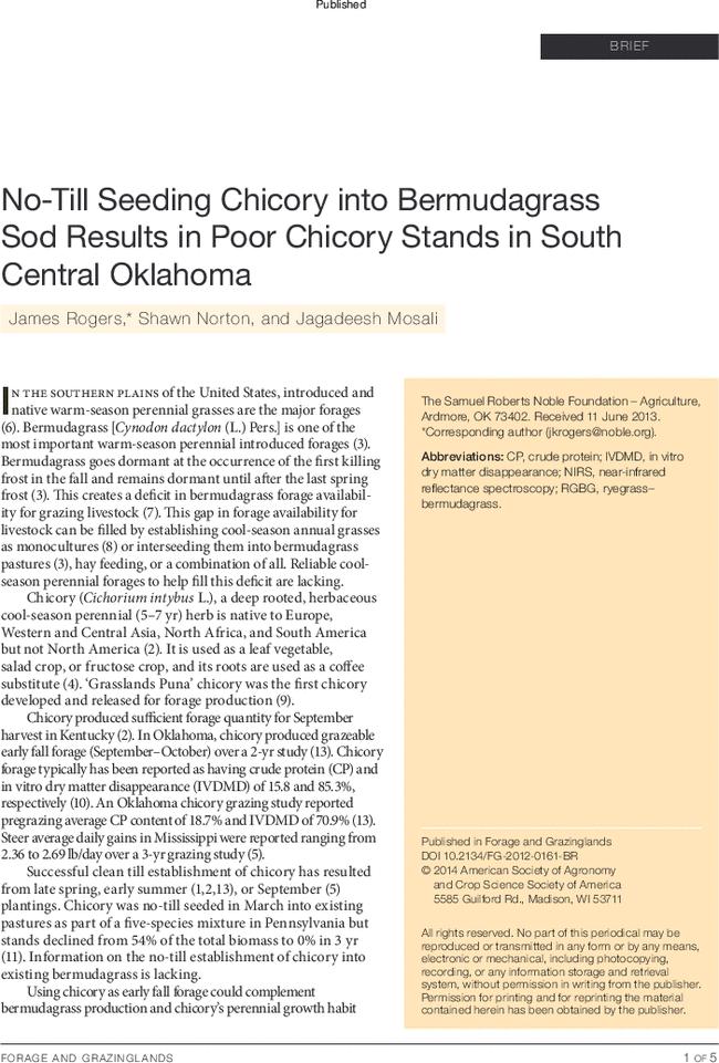 No-Till Seeding Chicory into Bermudagrass Sod Results in Poor Chicory Stands in South Central Oklahoma