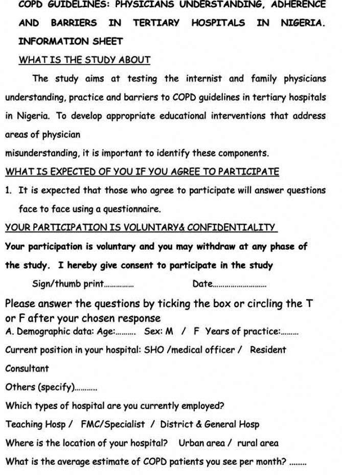 Guideline-based COPD management in a resource-limited setting - physicians' understanding, adherence and barriers: a cross-sectional survey of internal and family medicine hospital-based physicians in Nigeria.