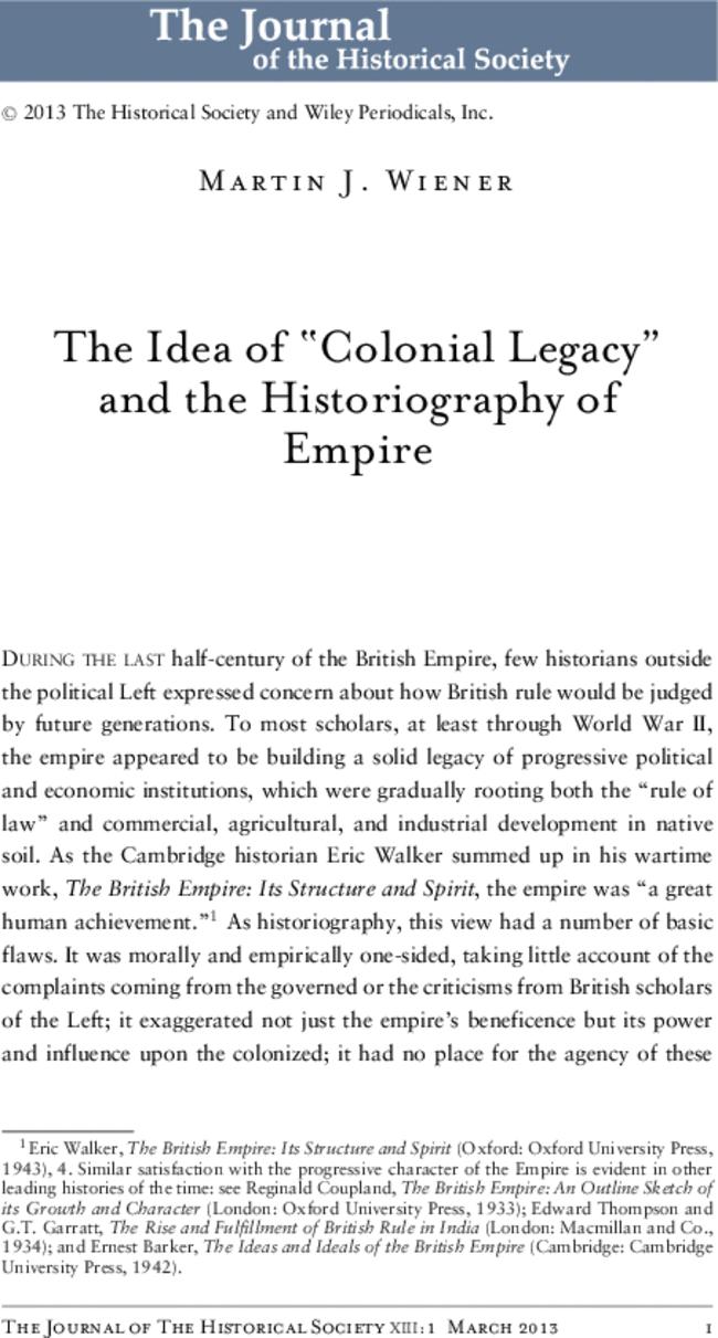 The Idea of “Colonial Legacy” and the Historiography of Empire