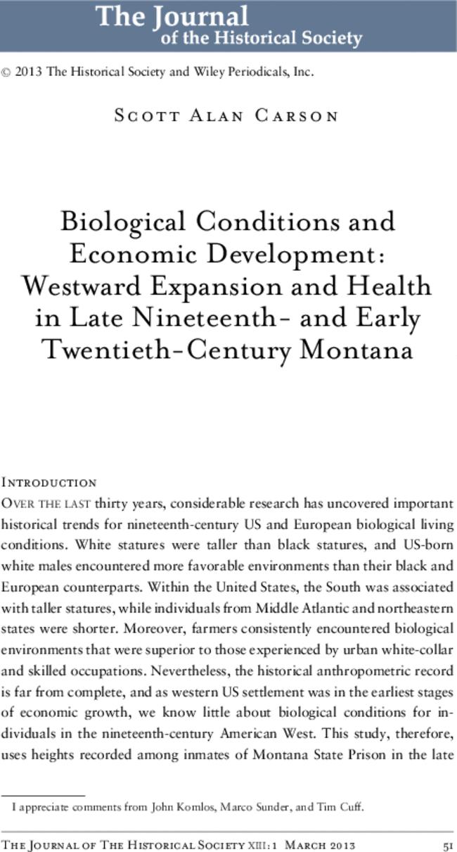 Biological Conditions and Economic Development: Westward Expansion and Health in Late Nineteenth- and Early Twentieth-Century Montana