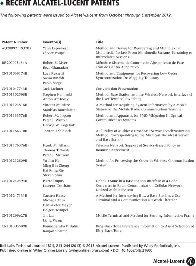 Recent Alcatel-Lucent Patents