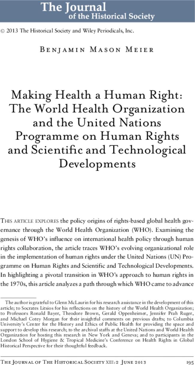 Making Health a Human Right: The World Health Organization and the United Nations Programme on Human Rights and Scientific and Technological Developments