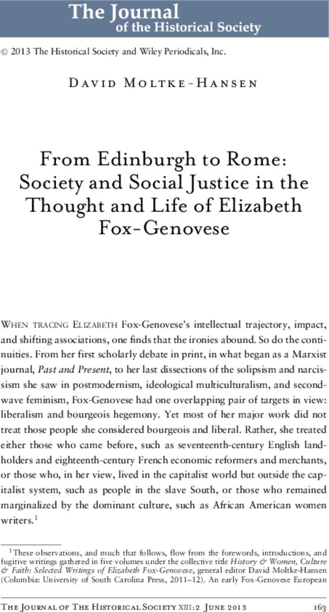 From Edinburgh to Rome: Society and Social Justice in the Thought and Life of Elizabeth Fox-Genovese