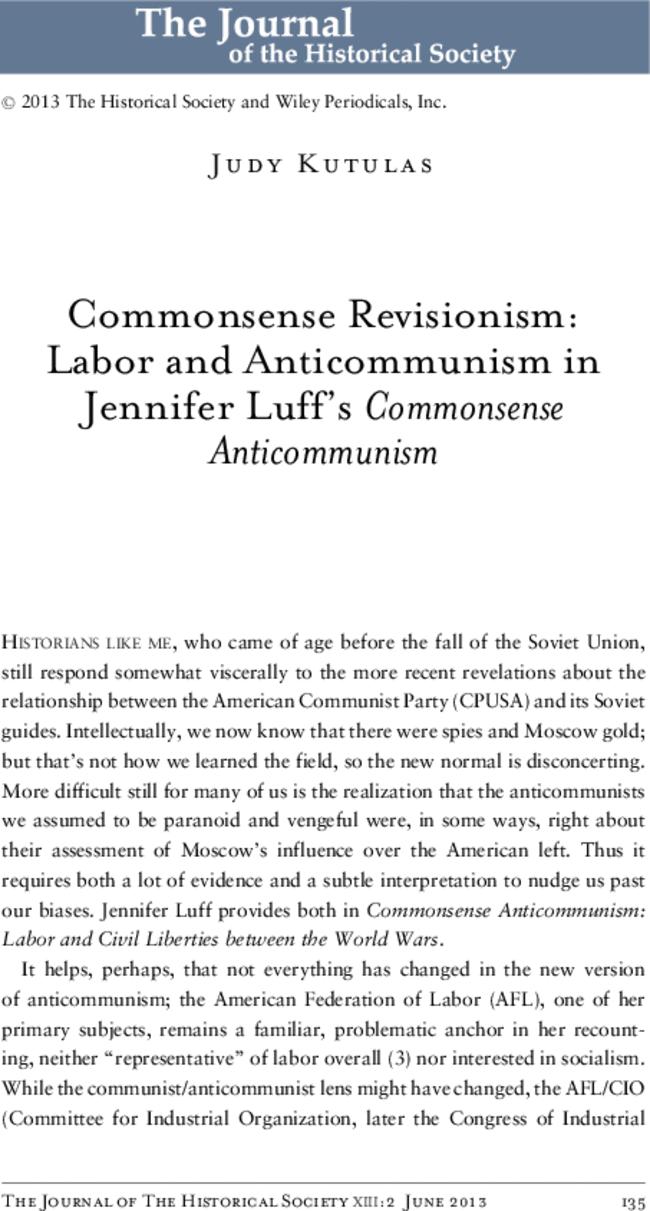 Commonsense Revisionism: Labor and Anticommunism in Jennifer Luff's Commonsense Anticommunism