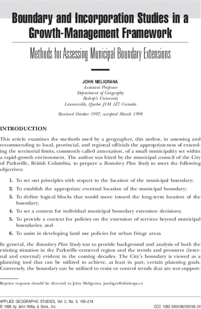 Boundary and incorporation studies in a growth-management framework: Methods for assessing municipal boundary extensions