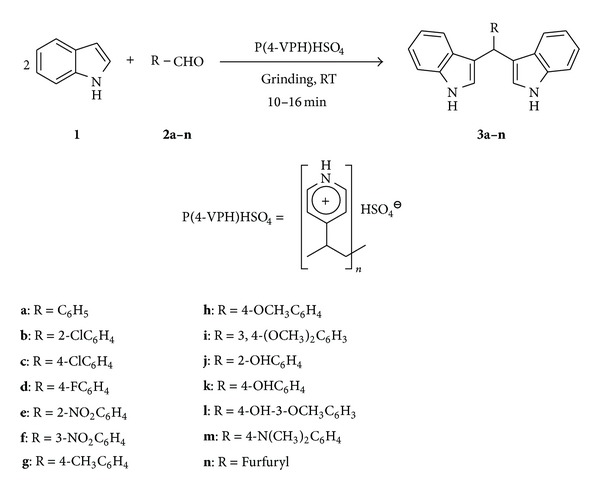 An Eco-Friendly Improved Protocol for the Synthesis of Bis(3-indolyl)methanes Using Poly(4-vinylpyridinium)hydrogen Sulfate as Efficient, Heterogeneous, and Recyclable Solid Acid Catalyst.