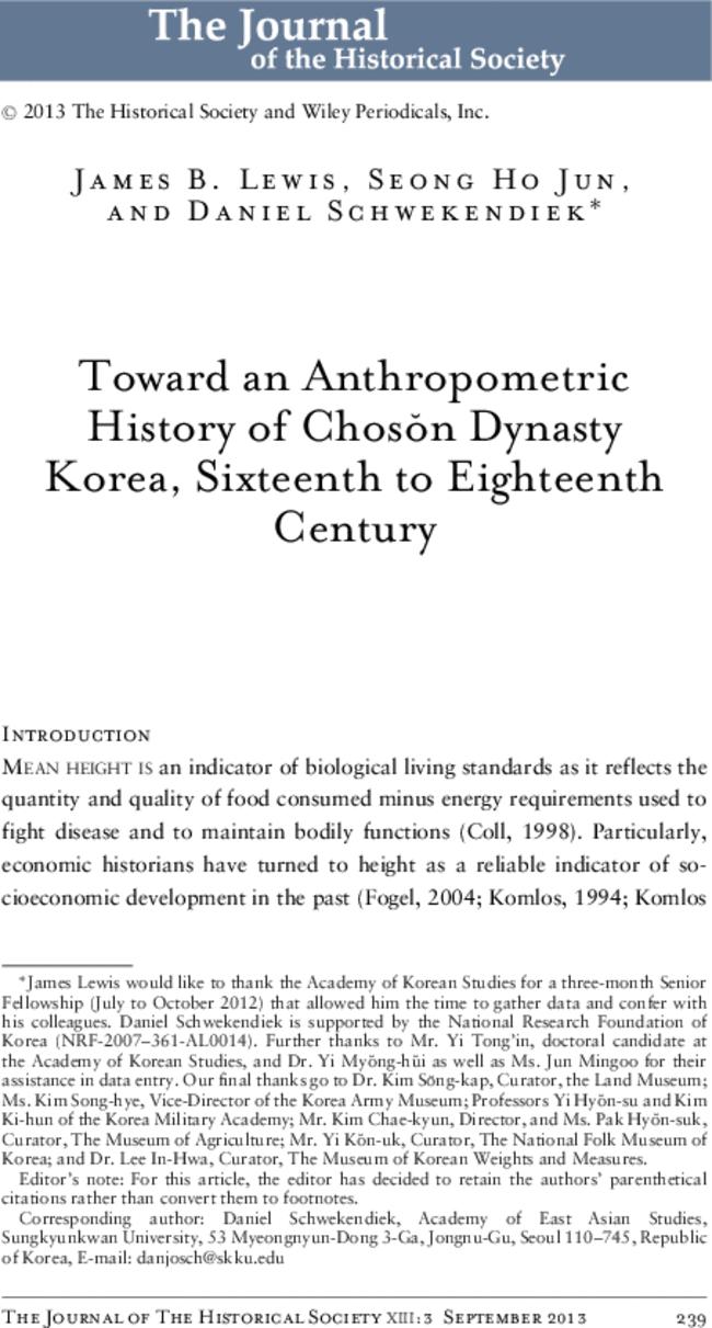 Toward an Anthropometric History of Chosŏn Dynasty Korea, Sixteenth to Eighteenth Century