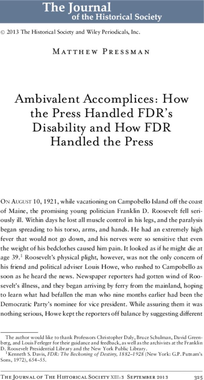 Ambivalent Accomplices: How the Press Handled FDR's Disability and How FDR Handled the Press