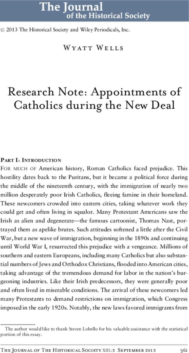 Research Note: Appointments of Catholics during the New Deal