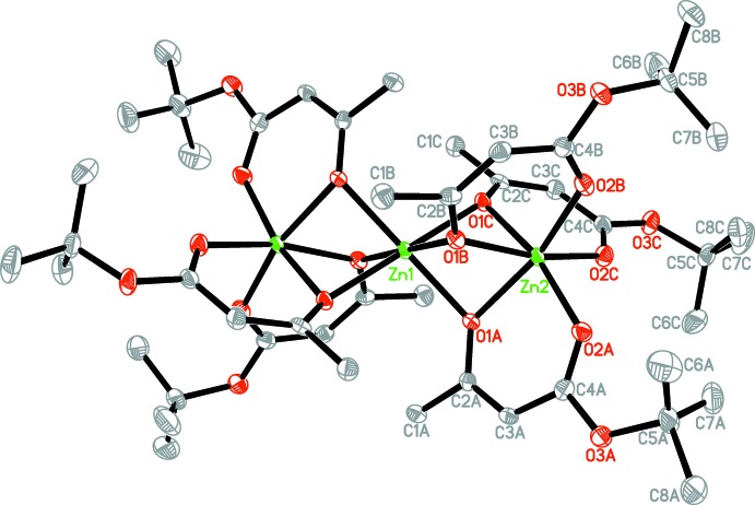 Crystal structure of hexa-kis-(μ2-4-tert-but-oxy-4-oxobut-2-en-2-olato)trizinc.