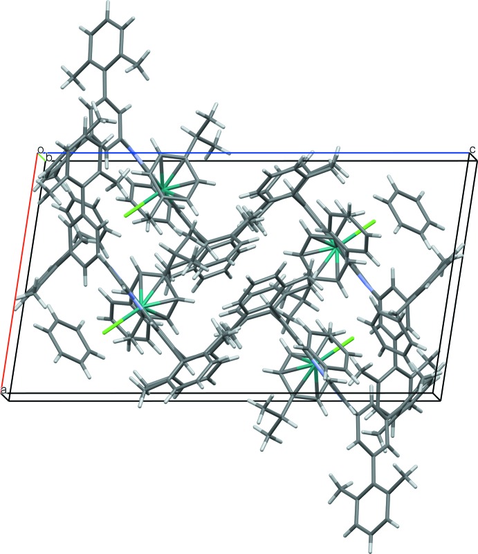 Crystal structure of {3-[3,5-bis-(2,6-di-methyl-phen-yl)-1,2-phenyl-ene]-1-(2,6,2'',6''-tetra-methyl-1,1':3',1''-ter-phen-yl-5'-yl)imidazol-2-yl-idene}chlorido-(η(6)-p-cymene)ruthenium(II) benzene disolvate.