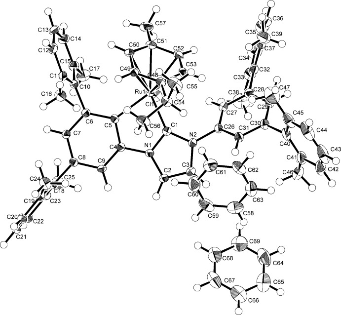 Crystal structure of {3-[3,5-bis-(2,6-di-methyl-phen-yl)-1,2-phenyl-ene]-1-(2,6,2'',6''-tetra-methyl-1,1':3',1''-ter-phen-yl-5'-yl)imidazol-2-yl-idene}chlorido-(η(6)-p-cymene)ruthenium(II) benzene disolvate.